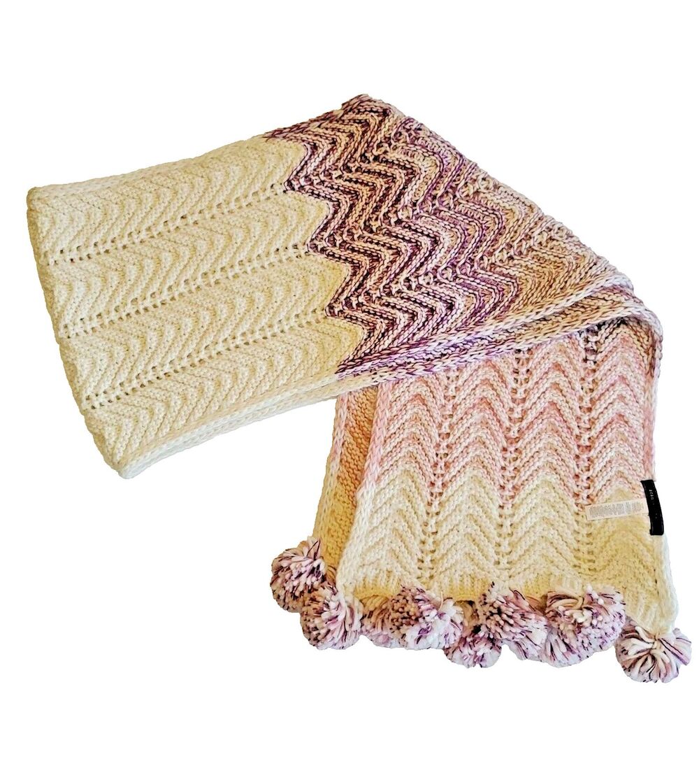 Chunky Knit Scarf  Pompoms Multicolor Appx 80" x 12" Rectangle BCBGMazaria